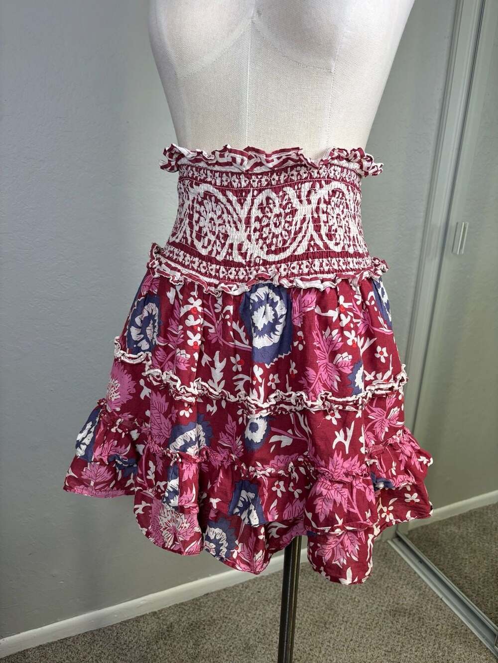 La Plage Palace Smocked Ruffle Mini Skirt Floral Magenta and Navy